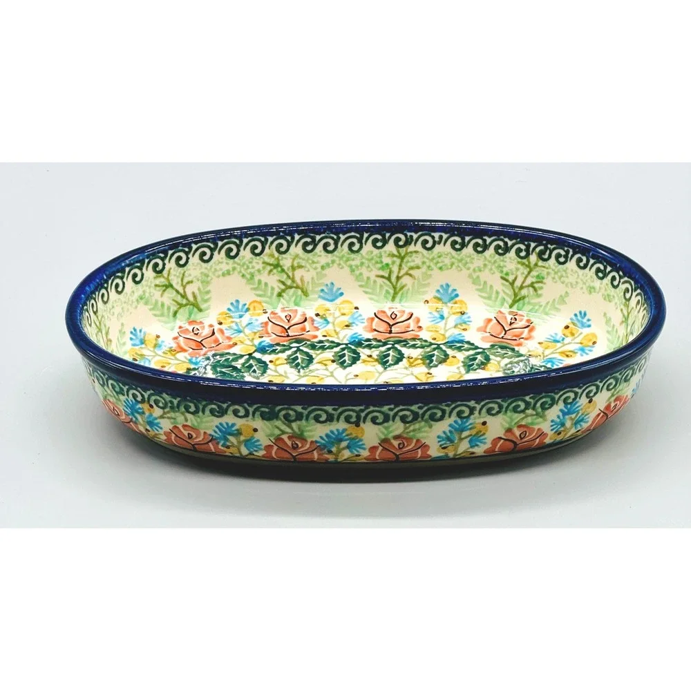 Polish Pottery Unikat Oval Baker Dish Floral 7.5 inch J Okraska 1699